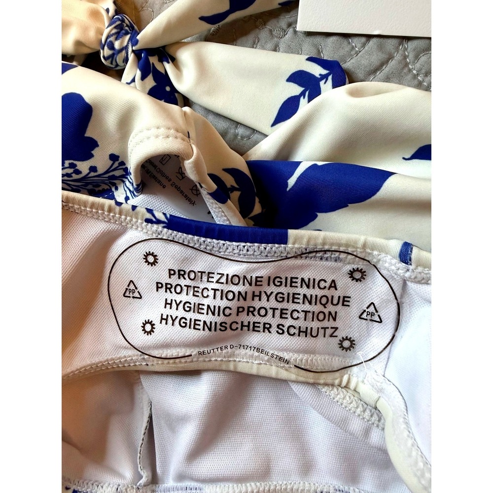 Endless Moon Blue White Floral Botanical Bikini Sz Medium Ruffle High Waist Tie - Picture 5 of 7
